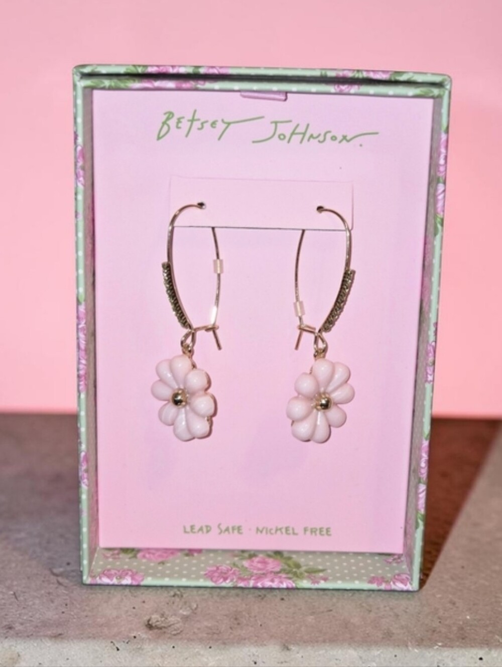 Betsey Johnson Pink Daisy Earrings, New In Gift Box